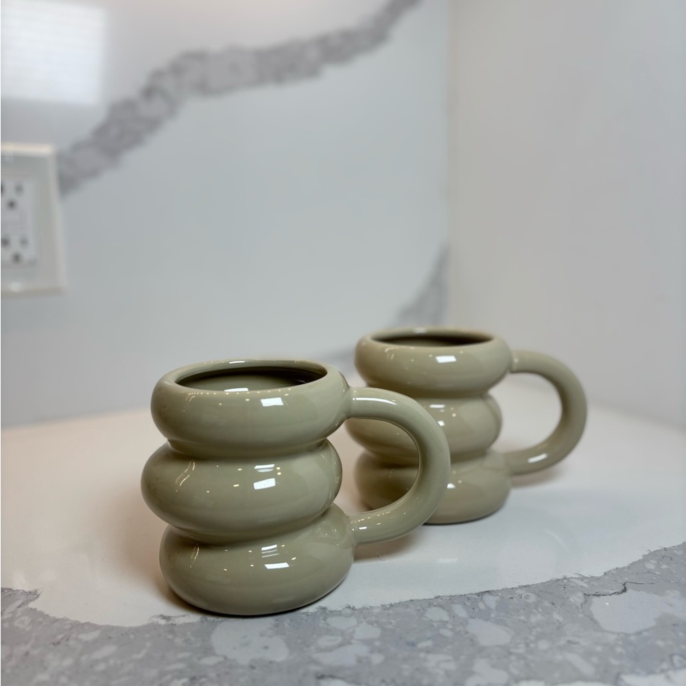 Set of Two Beige Stacked Ceramic Mugs